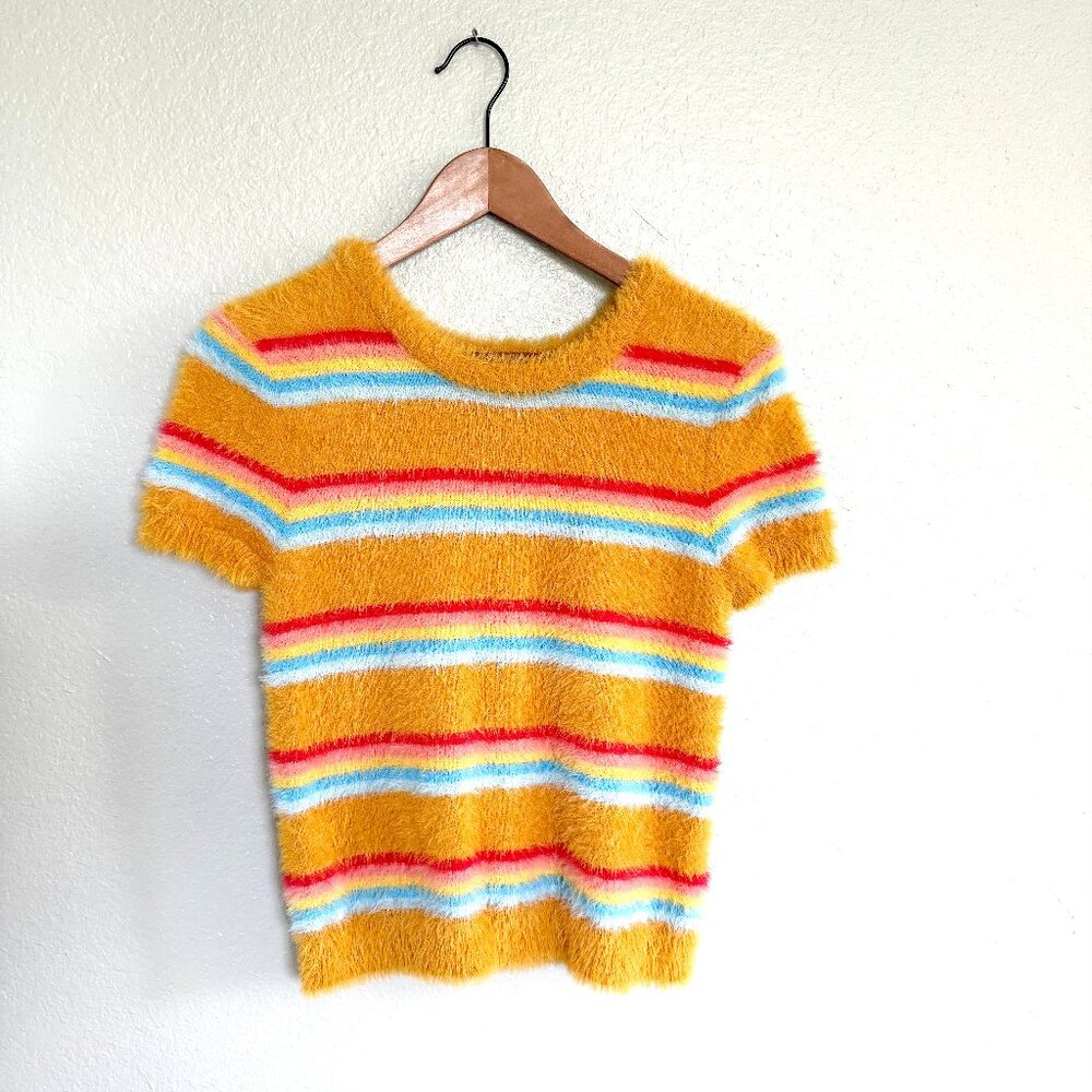 Retro Fuzzy Rainbow Striped Short Sleeve Sweater Size L - No Boundaries